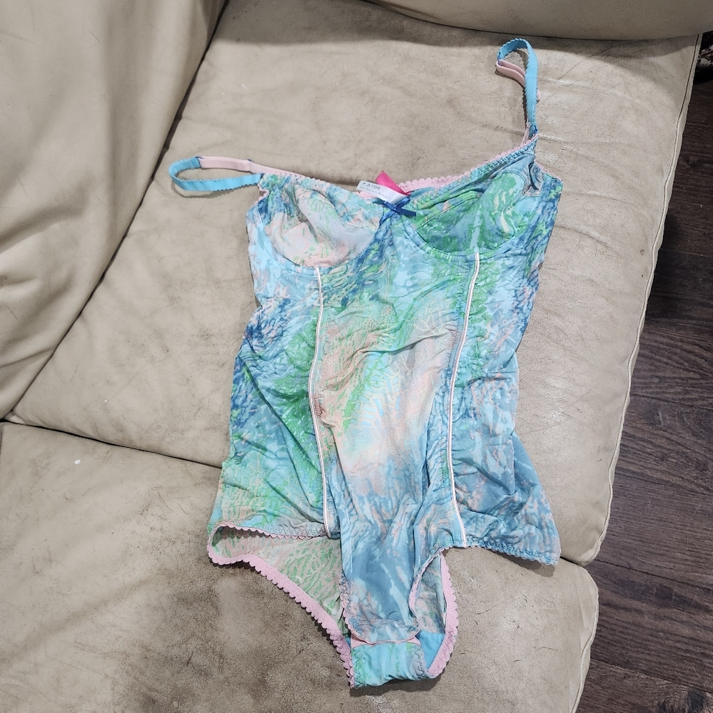 Y2k Cosmopolitan Corset Cut Stretch Blue coral Bodysuit Tye Die Pattern M